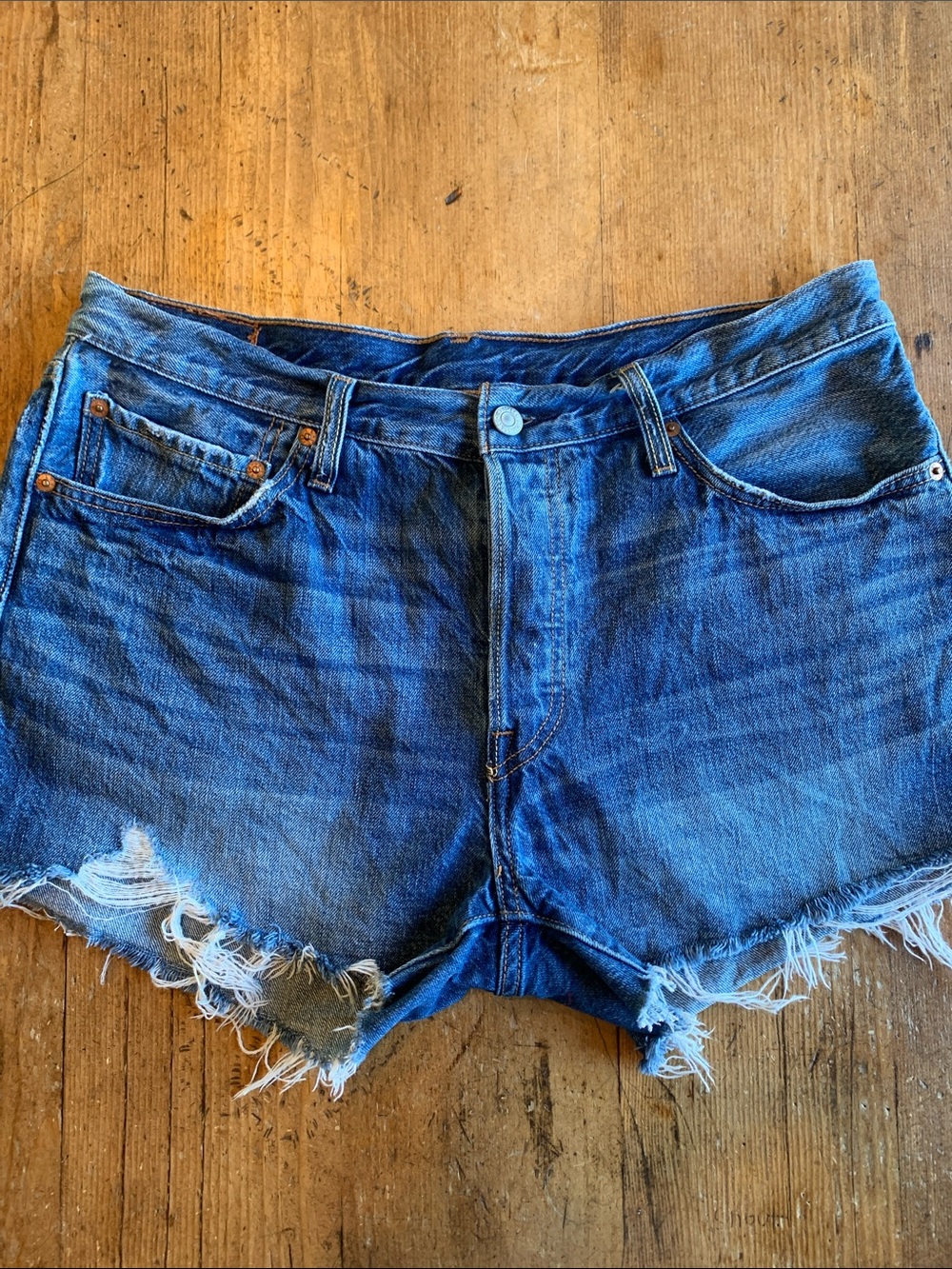 High-Rise Distressed Denim Cutoff Shorts - Blue